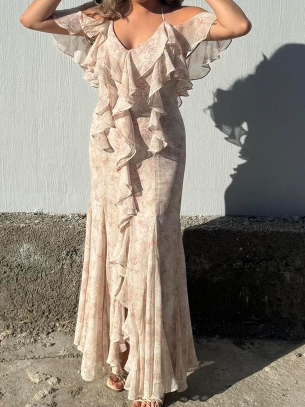 STORIA L Blush Pink Ivory Floral Cascading Ruffles Maxi